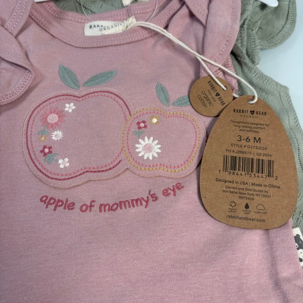 Rabbit + Bear Organic Baby 3-6M Pink Green Bodysuit Set NWT Ruffle Apple
